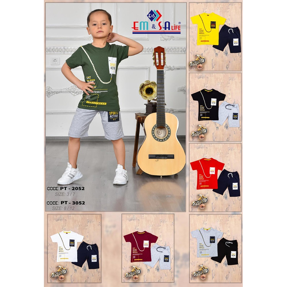 Em&sa PT-3052 Erkek Çocuk Sıfır Yaka Zincir Cep Bas 2 Li Alt 2 İp Takım 8-12 Yaş - Gri - 8-9-10-11-12 YAŞ