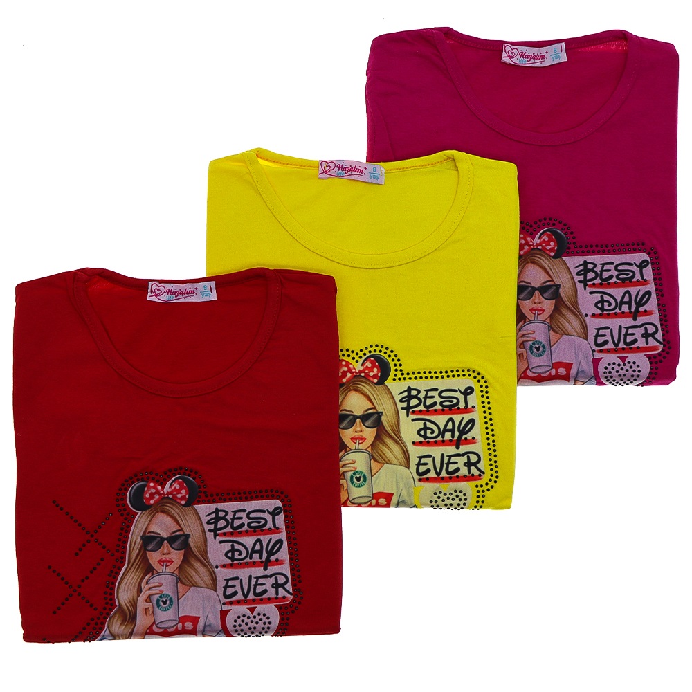 Arya 2575 Kız Çocuk Penye Kabartma 3 Boyutlu Gözlüklü Kız Model Tişört 8-12 Yaş - Fuşya