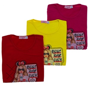 Arya 2575 Kız Çocuk Penye Kabartma 3 Boyutlu Gözlüklü Kız Model Tişört 8-12 Yaş - Fuşya