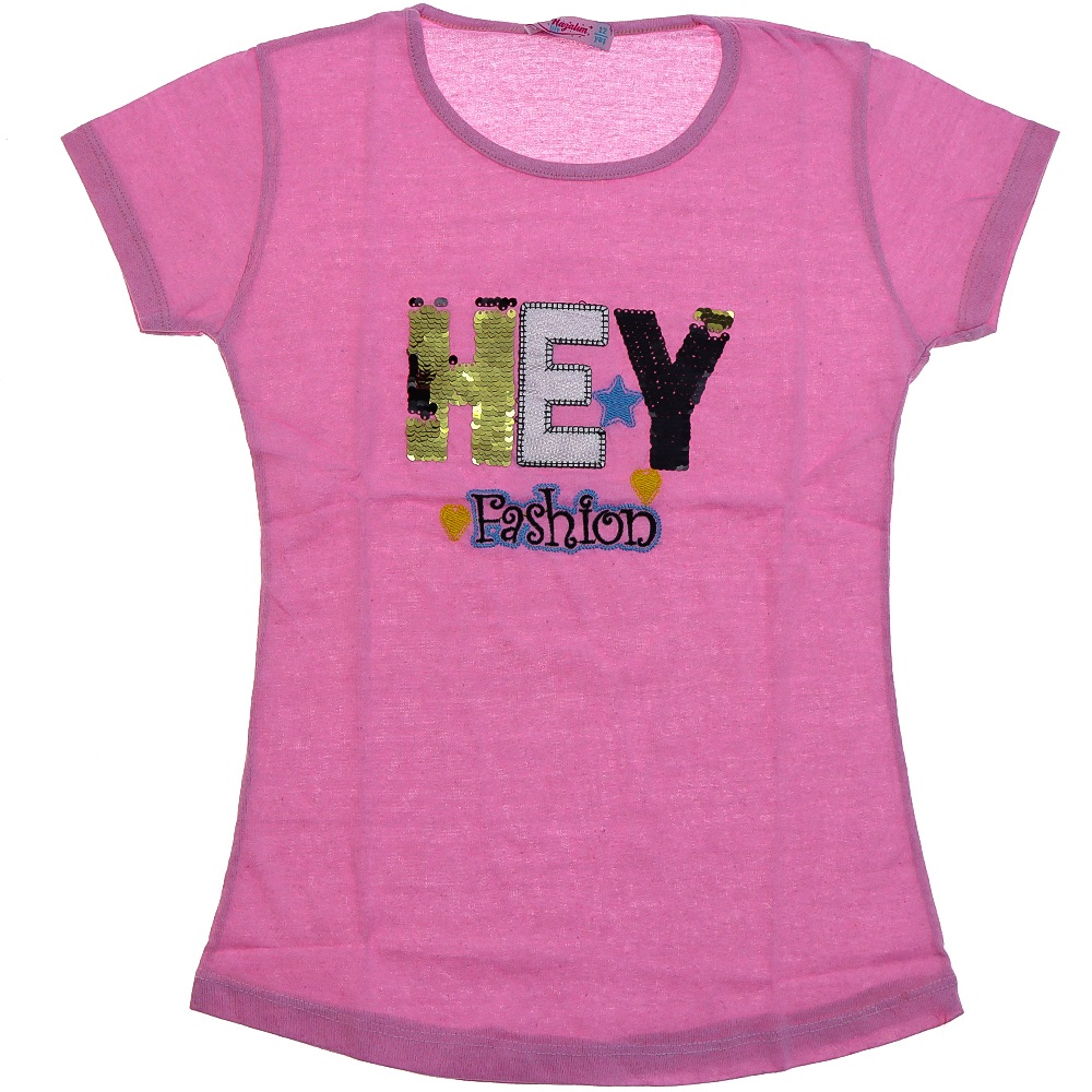 Arya 1013 Kız Çocuk Penye Pullu Hey Nakışlı Tişört 8-12 Yaş - Kırmızı