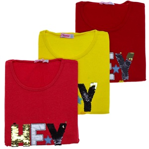 Arya 1013 Kız Çocuk Penye Pullu Hey Nakışlı Tişört 8-12 Yaş - Kırmızı