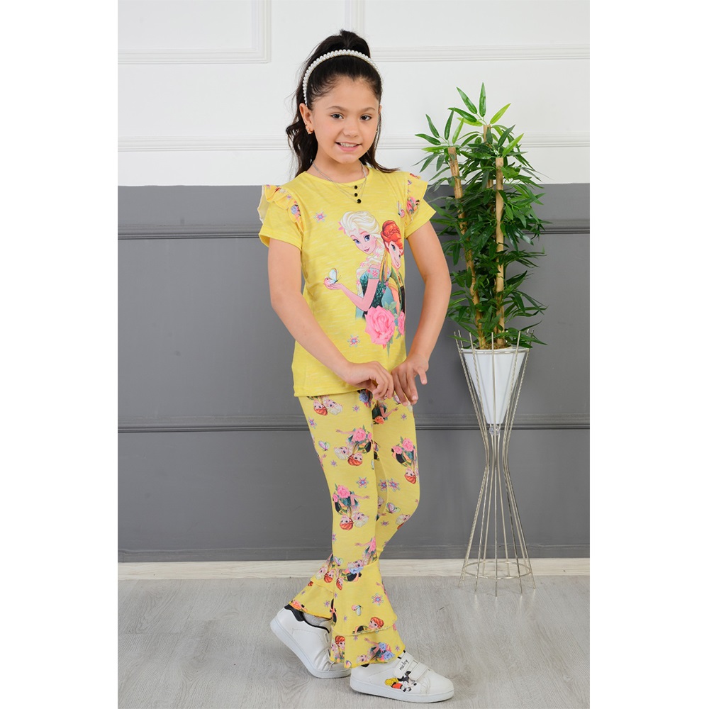Tintini Kız Çocuk Elsa Ve Anna Baskılı İspanyol Tayt Tişört Takım 3-9 Yaş - Mint Yeşil