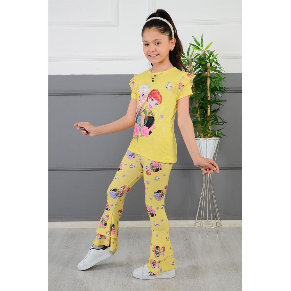 Tintini Kız Çocuk Elsa Ve Anna Baskılı İspanyol Tayt Tişört Takım 3-9 Yaş - Mint Yeşil