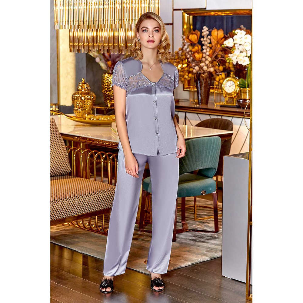 Jeremi S285 Bayan Saten Brodeli 6 Lı Gecelik Set Takım - Kırmızı - S