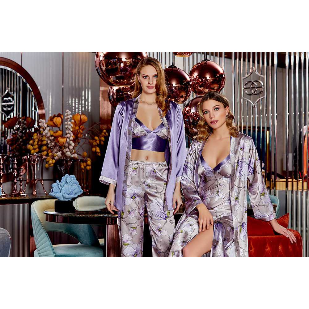 Jeremi 4012 Bayan Saten 2 Li Uzun Gecelik Sabahlık Takım