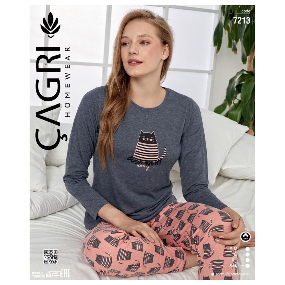 Çağrı 7213 Bayan Penye Sıfır Yaka Pijama Takımı M-2XL