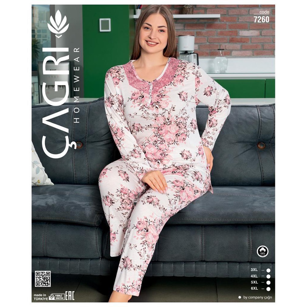 Çağrı 7260 Bayan Penye 3 Düğmeli Big Size Battal Pijama Takımı 3XL-6XL