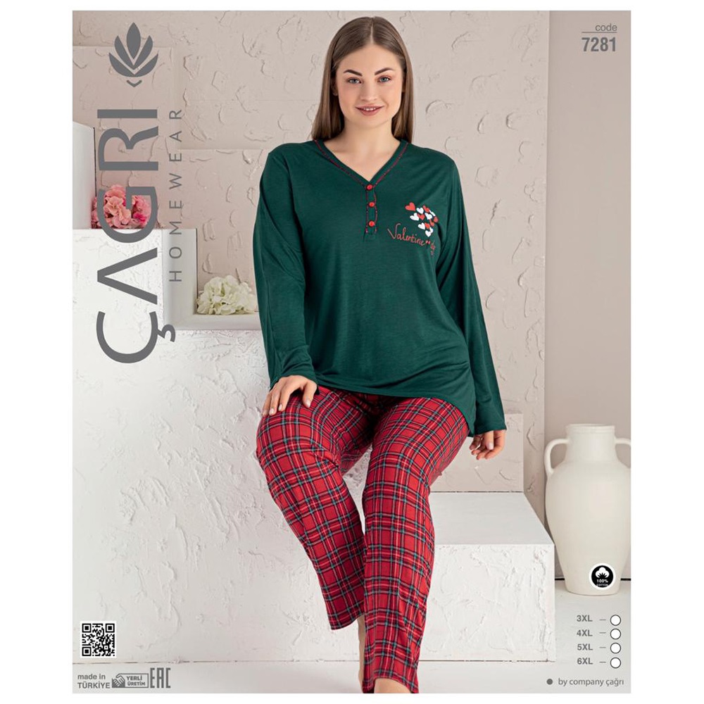 Çağrı 7281 Bayan Penye 3 Düğmeli Big Size Battal Pijama Takımı 3XL-6XL