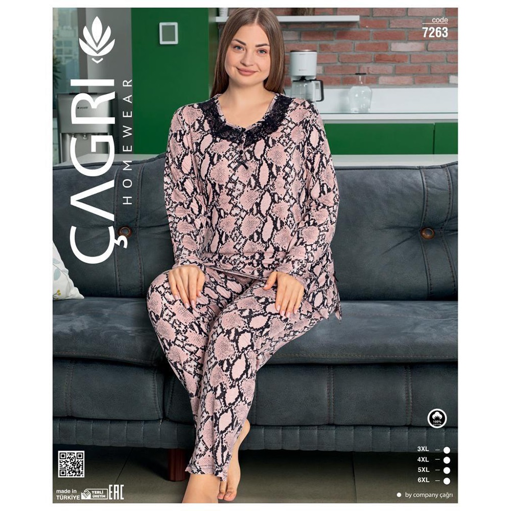 Çağrı 7263 Bayan Penye 3 Düğmeli Big Size Battal Pijama Takımı 3XL-6XL