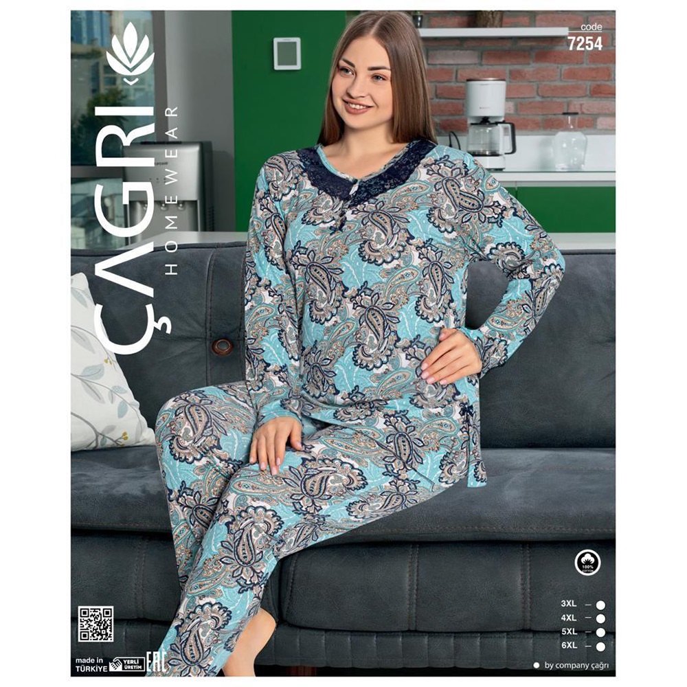 Çağrı 7254 Bayan Penye 3 Düğmeli Big Size Battal Pijama Takımı 3XL-6XL