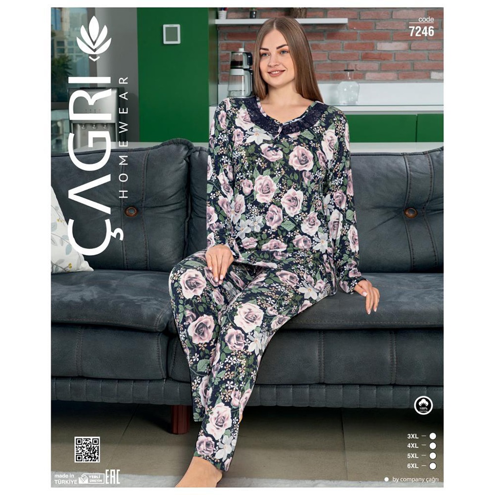 Çağrı 7246 Bayan Penye 3 Düğmeli Big Size Battal Pijama Takımı 3XL-6XL