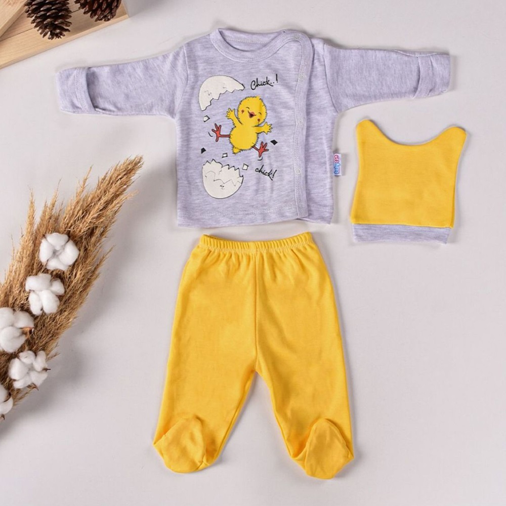 Babycan 9195 Bebe Civciv Baskılı Kendinden Eldivenli Şapkalı 3 Lü Zıbın Takımı 0-3 Ay