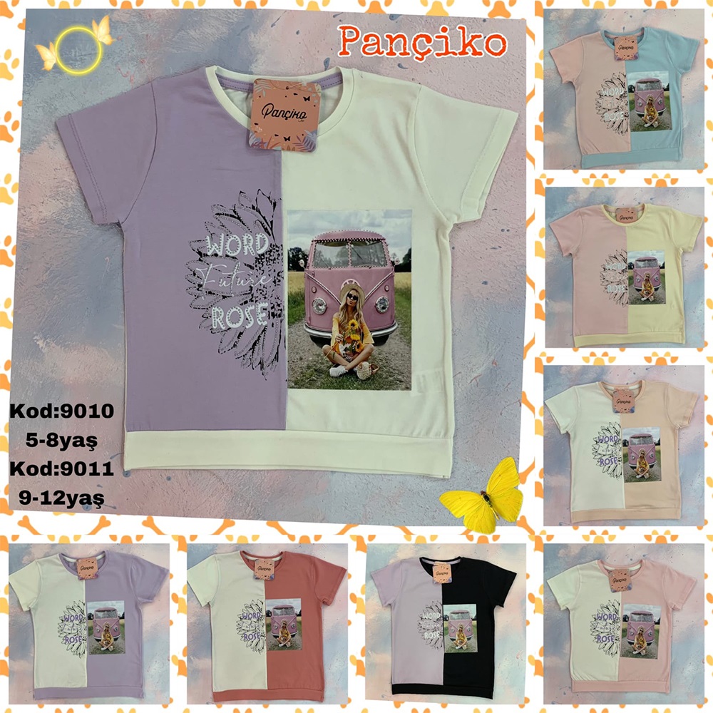 Pançiko 9010 Kız Çocuk 2 Parçalı Transfer Baskılı Penye Tişört 5-8 Yaş