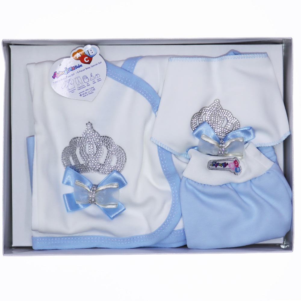AC-105 Taçlı 5 Parça Bebe Lüx Zıbın Set 0-3 Ay
