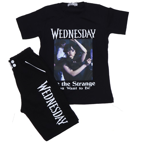 Zara Kız Çocuk Penye Wednesday Baskılı Tişört Şort Takım 8-16 Yaş -Siyah