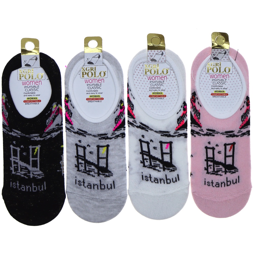 X Gri Polo B-5 Bayan Desenli Yıkamalı Parfümlü 3 Lü Babet Çorap - Karışık Renk