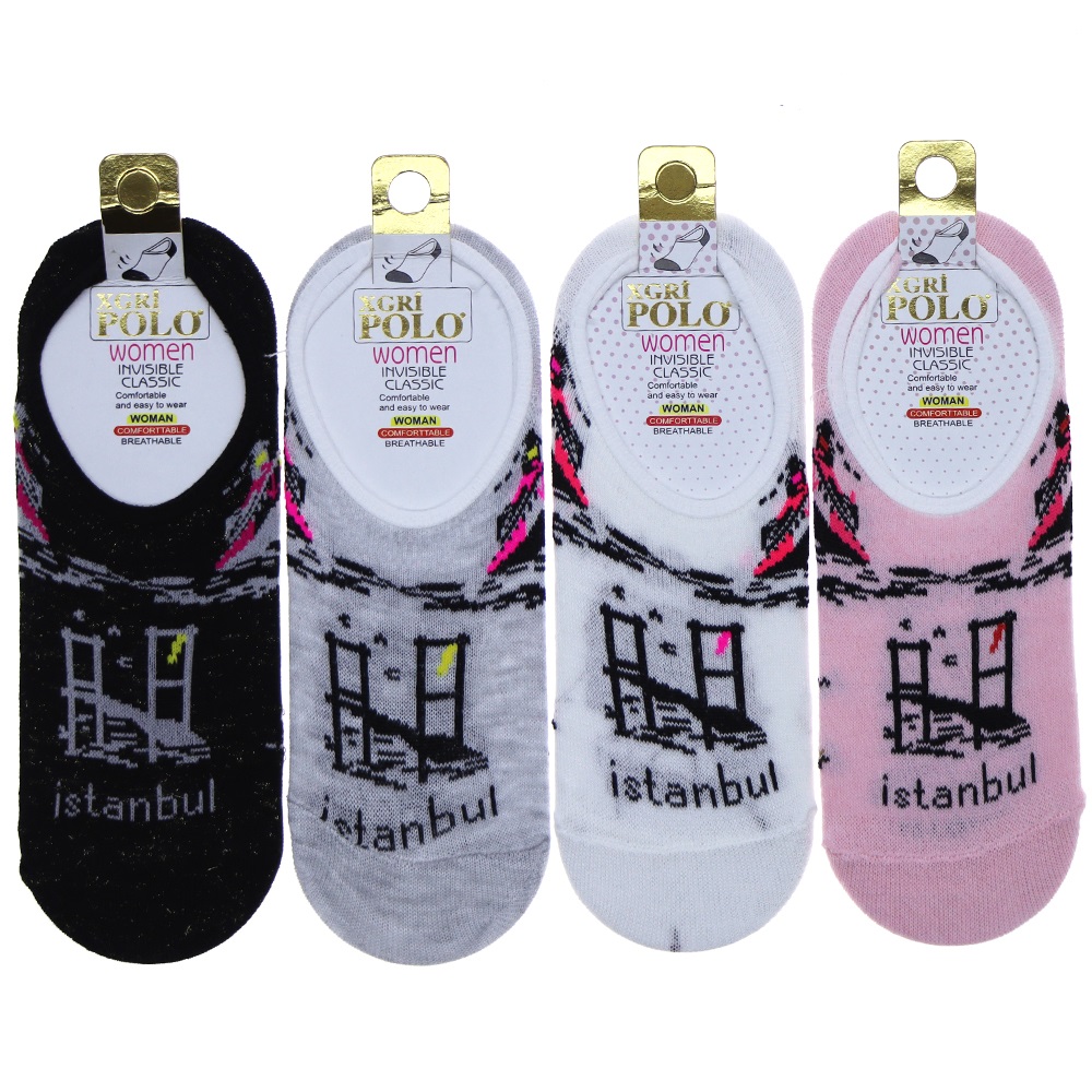 X Gri Polo B-5 Bayan Desenli Yıkamalı Parfümlü 3 Lü Babet Çorap - Karışık Renk