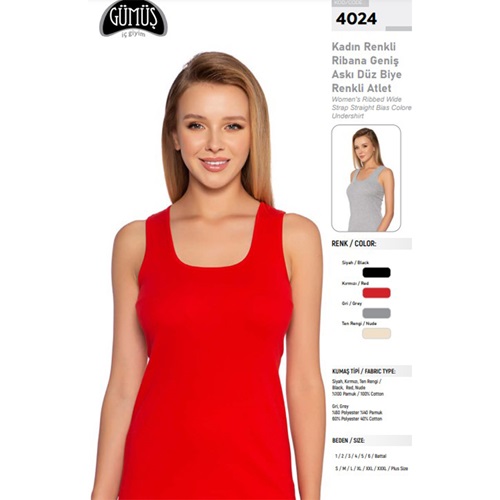 Gümüş 4024 Bayan Düz Penye Kalın Askılı Atlet S1-M2-L3 - Kırmızı - 1