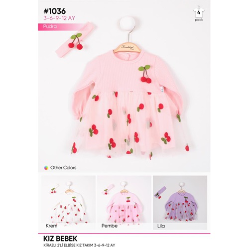 Minilay 1036 Kız Bebe Kirazlı Bandanalı Tüllü Elbise 3-6-9-12 Ay