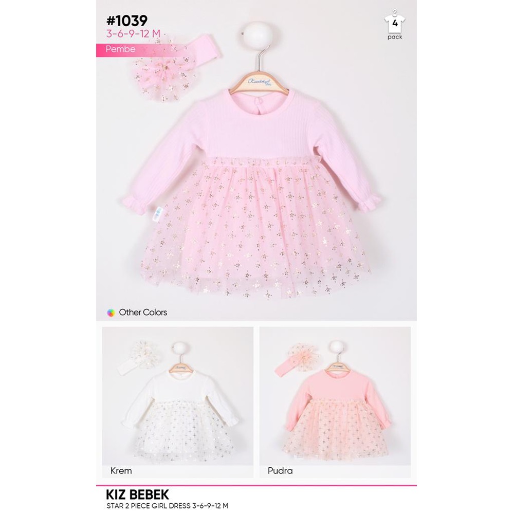 Minilay 1039 Kız Bebe Yıldızlı Bandanalı Tüllü Elbise 3-6-9-12 Ay