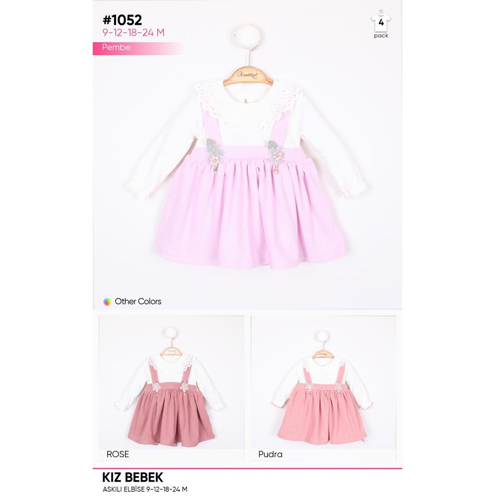 Minilay 1052 Kız Bebe İnci Detaylı Askılı Elbise-9-12-18-24 Ay