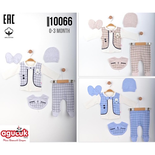 Agucuk Baby 10066 Erkek Bebe Ayıcık Nakışlı Patikli Şapkalı 5 Li Zıbın Takım 0-3 Ay - Gri - 0-3 AY