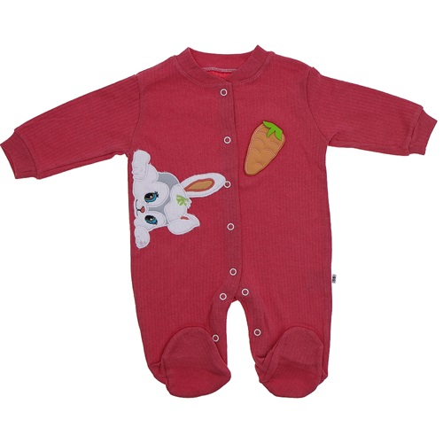 B&B Burber 2033 Kız Bebe Tavşan Nakışlı Penye Tulum 3-6-9 Ay