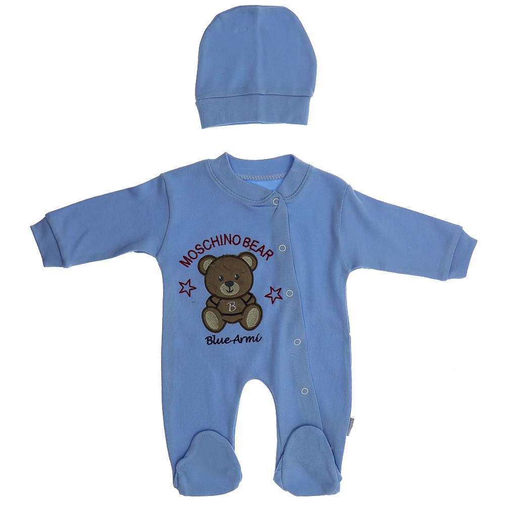 Blue Armi 795 Penye Erkek Bebe Moshıo Bear Ayıcık Nakışlı Tulum 3-6-9 Ay