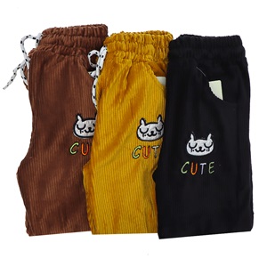 Tonbix 1260 Kız Çocuk Kadife Fitilli Cute Nakışlı Pantolon 3-7 Yaş - Hardal - 3-7 YAŞ