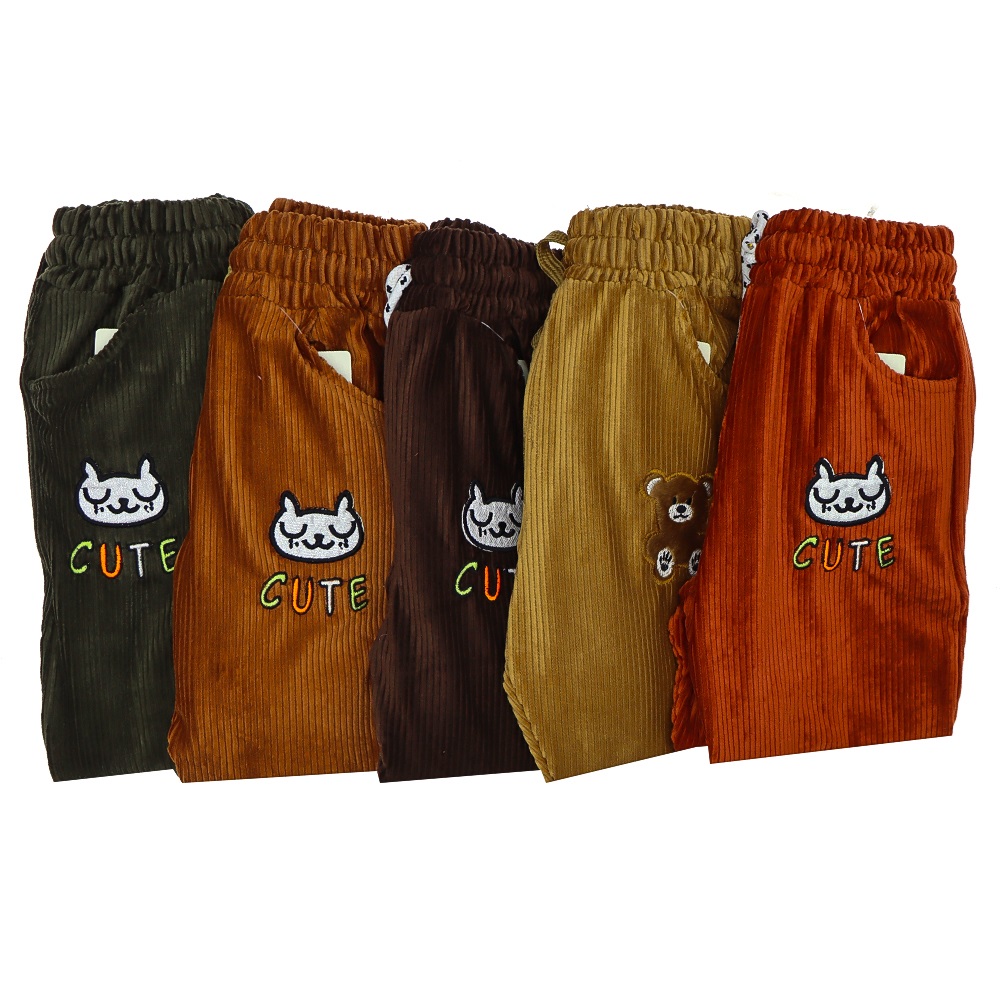Tonbix 1260 Kız Çocuk Kadife Fitilli Cute Nakışlı Pantolon 3-7 Yaş - Hardal - 3-7 YAŞ