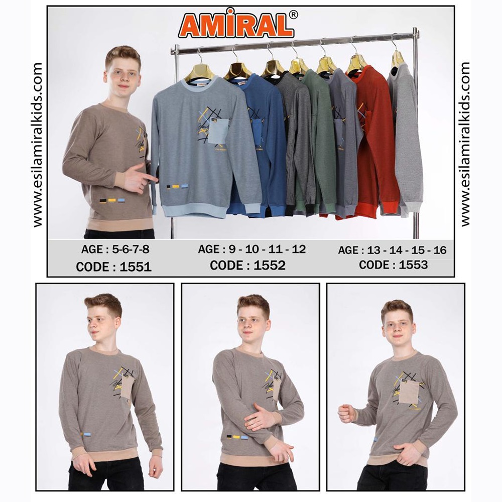 Amiral 1552 Erkek Çocuk Çelik Style Engraves Bas Sıfır Yaka Sweat 9-12 Yaş - Gri - 9-12 YAŞ - 25187-Gri-9-12 YAŞ