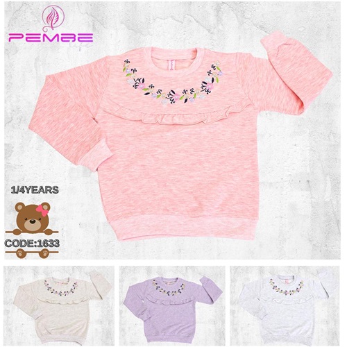 Pembe 1633 Kız Çocuk Ön Fırfırlı Çiçek Nakışlı Pullu Penye Sweat 1-4 Yaş - Lila