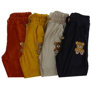 Tonbix 1260 Kız Çocuk Kadife Fitilli Ayıcık Nakışlı Pantolon 3-7 Yaş - Sarı