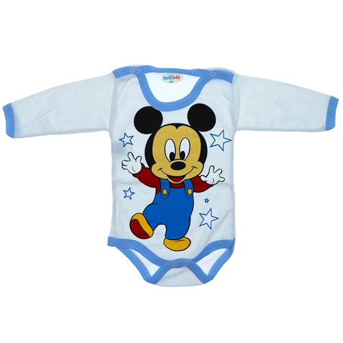 Burtaç Bebe 0074 Bebe Mickey Mouse Baskılı Likralı Penye Uzun Kol Çıtçıtlı Badi 9-18 Ay(92-98-104)