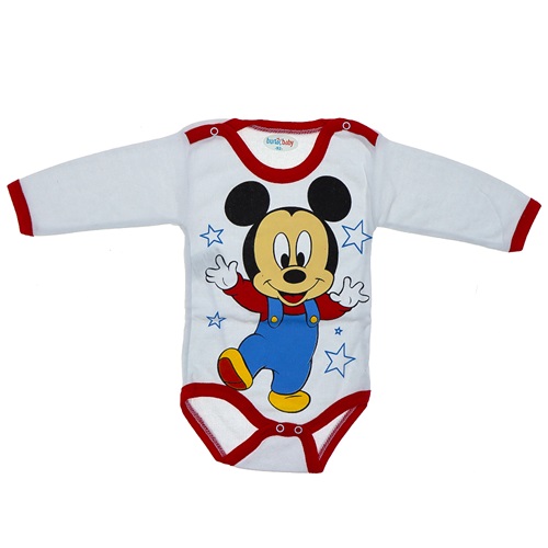 Burtaç Bebe 0067 Bebe Mickey Mouse Baskılı Likralı Penye Uzun Kol Çıtçıtlı Badi 3-9 Ay(56-62-68)
