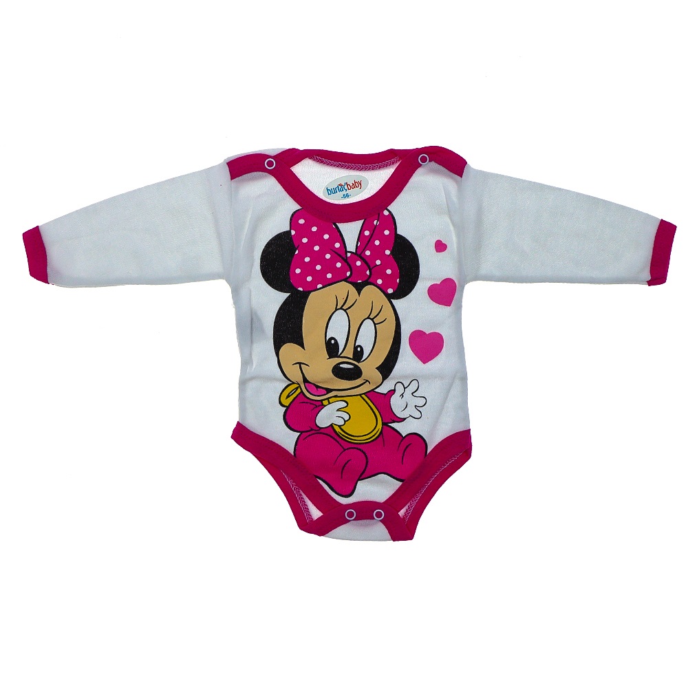 Burtaç Bebe 0067 Bebe Minnie Mouse Baskılı Likralı Penye Uzun Kol Çıtçıtlı Badi 3-9 Ay(56-62-68)