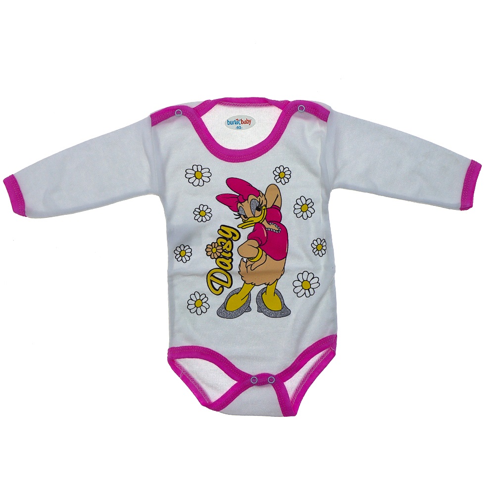 Burtaç Bebe 0074 Bebe Daisy Duck Baskılı Likralı Penye Uzun Kol Çıtçıtlı Badi 9-18 Ay(92-98-104)