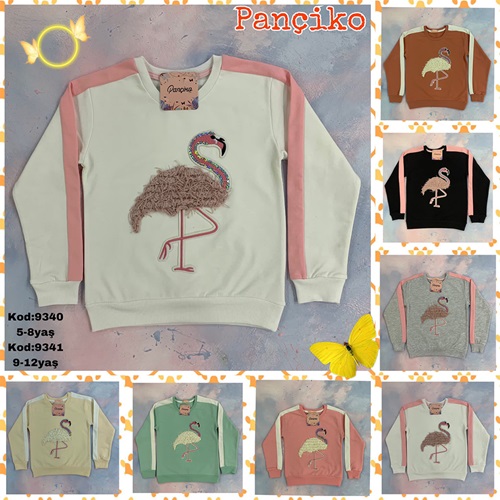 Pançiko 9341 Kız Çocuk Pullu Flamingo Nakışlı 2 İp Şardonlu Sweat 9-12 Yaş - Siyah