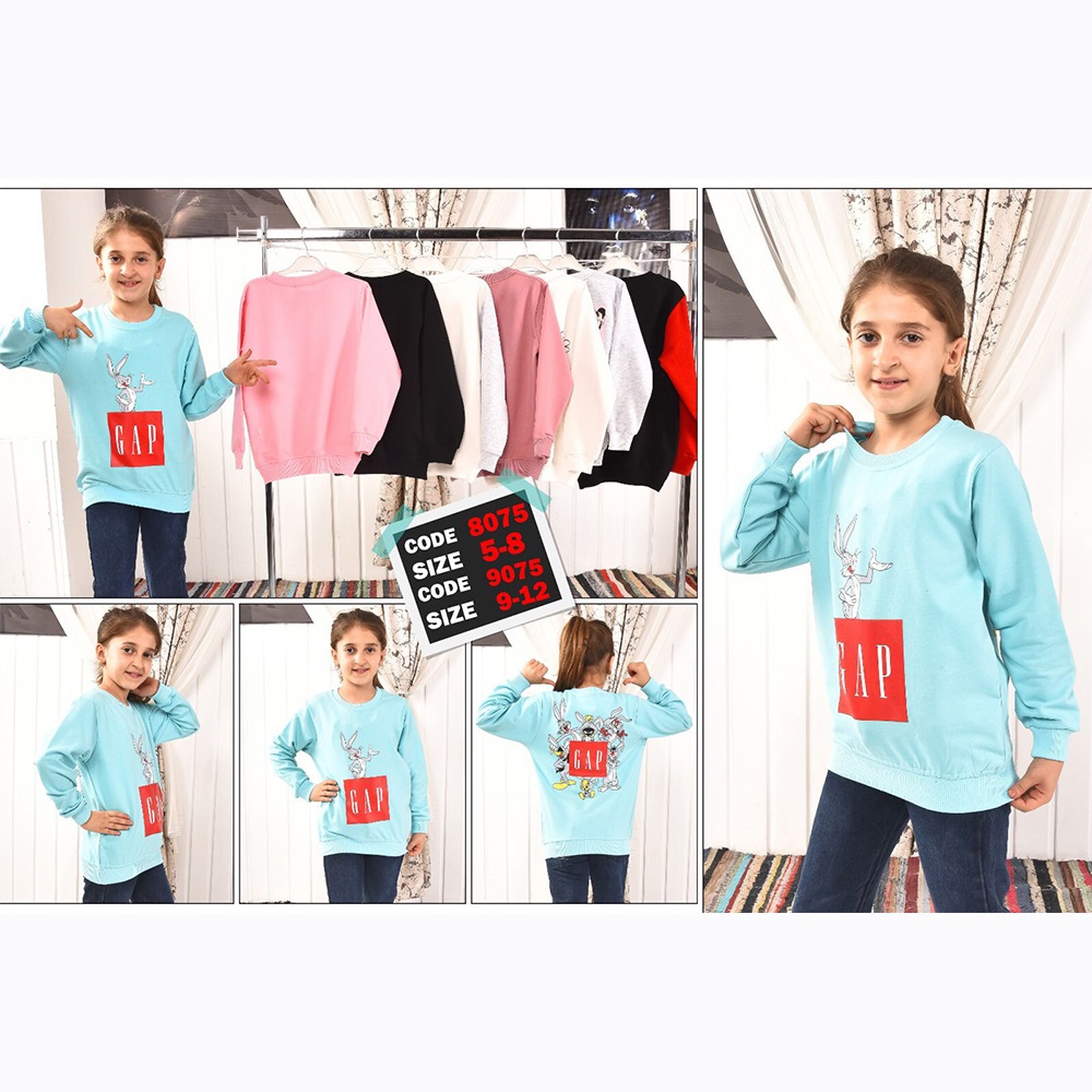 GAP 9075 Kız Çocuk Bunny Baskılı sıfır Yaka 2 İp Penye Sweat 9-12 Yaş