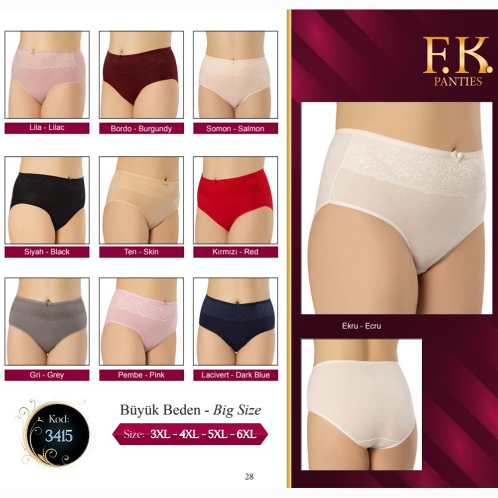 F-K 3415 Bayan Dantel Detaylı Penye Big Size Külot - Siyah - 2XL-3XL 4XL-5XL