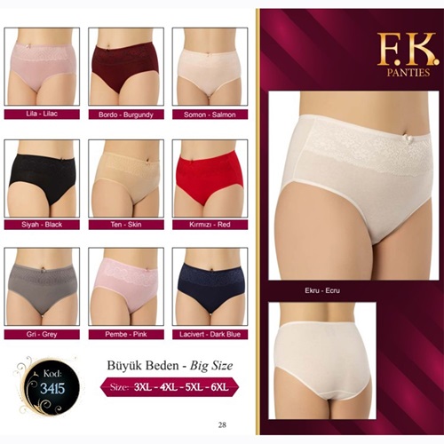 F-K 3415 Bayan Dantel Detaylı Penye Big Size Külot - Siyah - 2XL-3XL 4XL-5XL