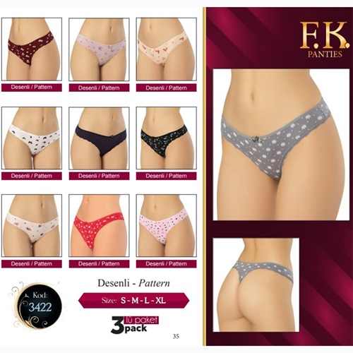 F-K 3422 Bayan Penye Desenli 3 Lü Külot - Karışık Renk - L