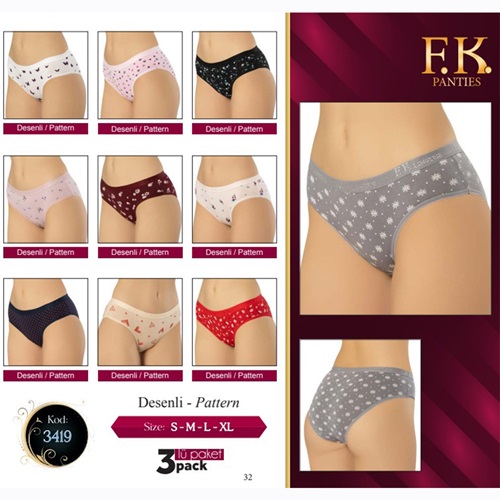 F-K 3419 Bayan Penye Desenli 3 Lü Külot - Karışık Renk - L