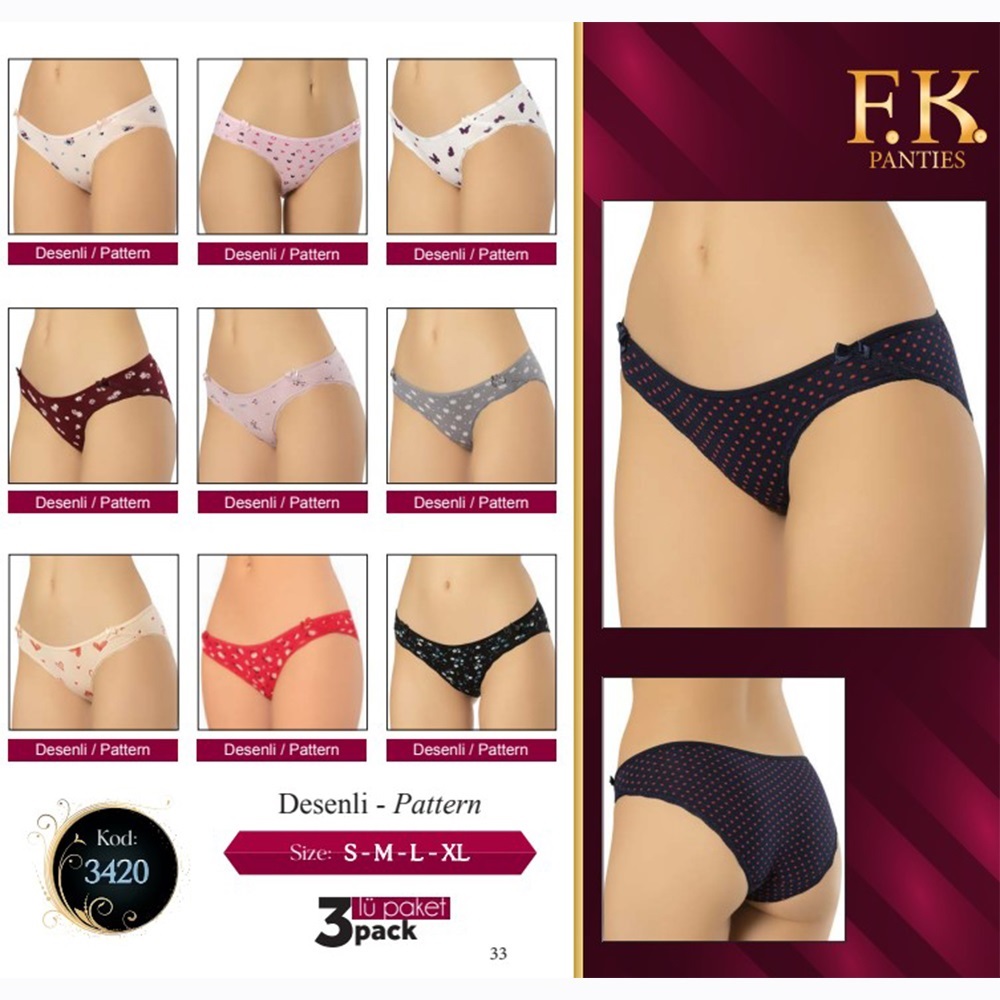 F-K 3420 Bayan Penye Desenli 3 Lü Külot - Karışık Renk - M