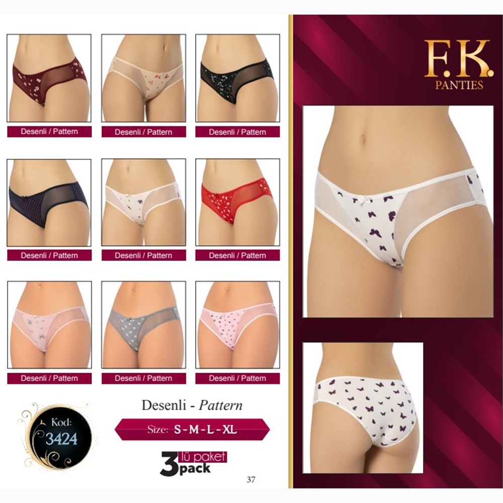 F-K 3424 Bayan Penye Tül Detaylı Desenli 3 Lü Külot - Karışık Renk - M
