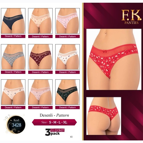 F-K 3428 Bayan Penye Tül Detaylı Desenli 3 Lü Külot - Karışık Renk - M