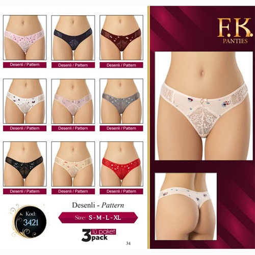 F-K 3421 Bayan Penye Dantel Detaylı Desenli 3 Lü Külot - Karışık Renk - L