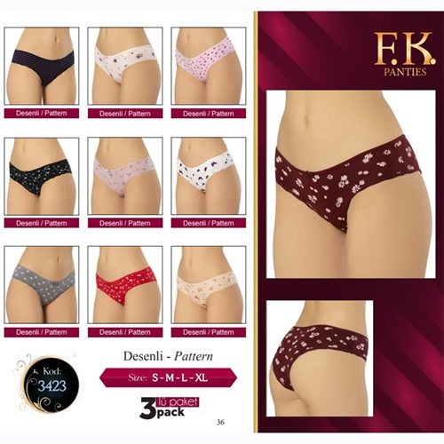 F-K 3423 Bayan Penye Dantel Detaylı Desenli 3 Lü Külot - Karışık Renk - L