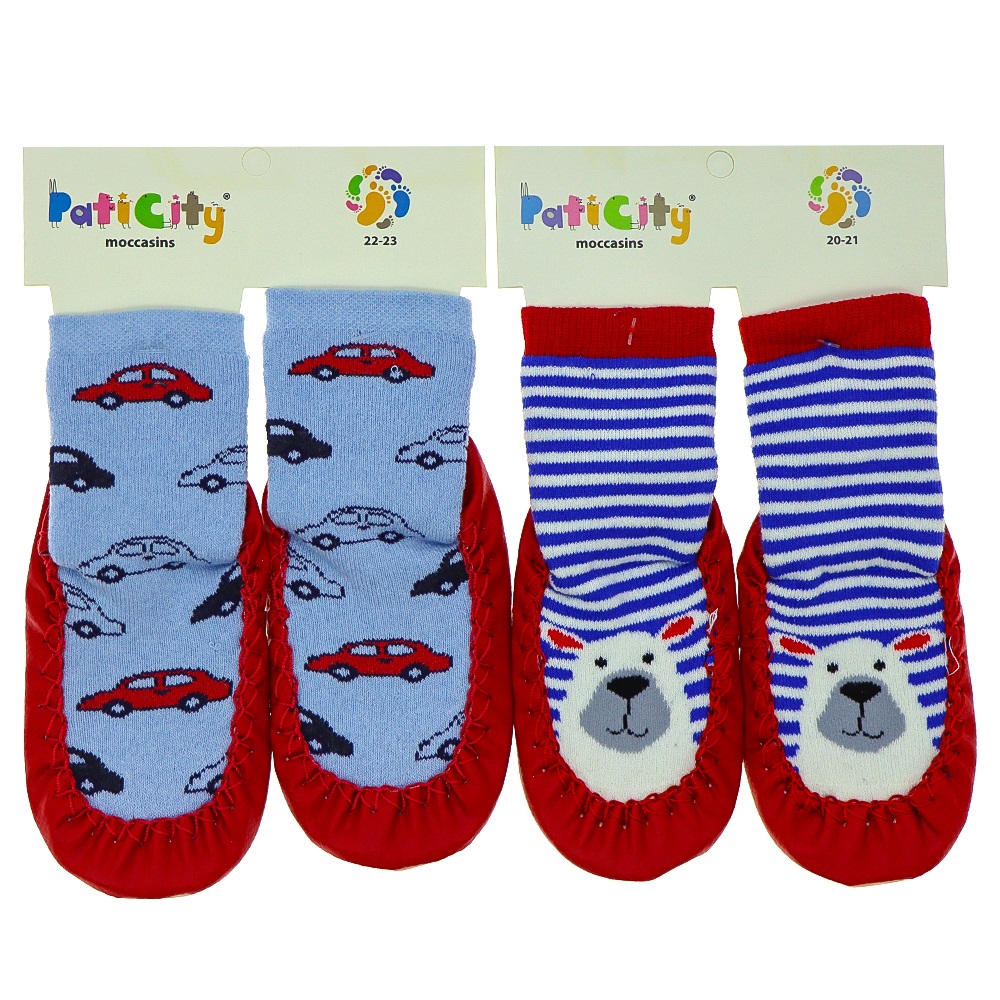Paticity Moccasins Erkek Çocuk Desenli Deri Tabanlı Havlu Çarık Çorap (20-25)- Karışık Renk