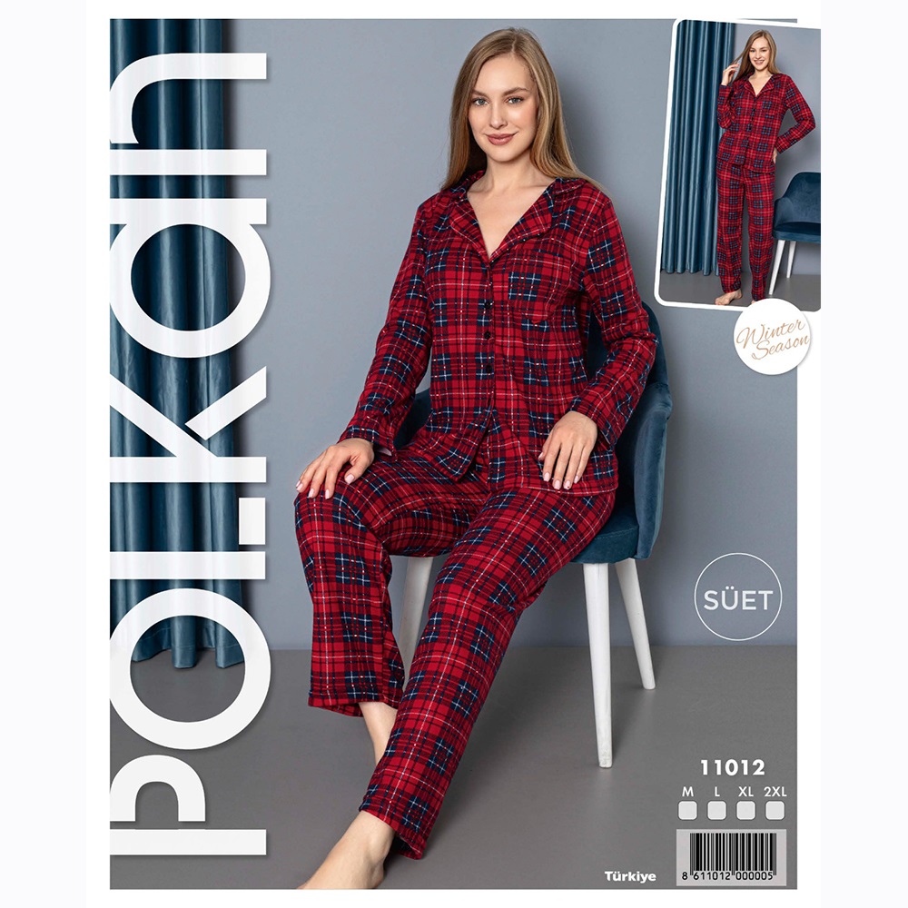 Polkan 11012 Bayan Boydan Düğmeli Süet Pijama Takımı M-2XL - Bordo - L-XL